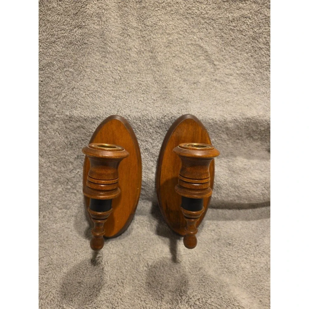Vintage Oval Wooden Wall Sconces 8 in Tall with Black Metal Trim Set of 2‎